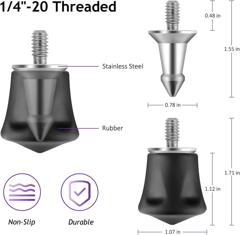 Rigych 6 Pcs Tripod Spike Feet 1/4-20 Thread Rubber Feet Anti-Slip & Stainless Steel Spike Tripod Feet Replacement Parts - Image 2